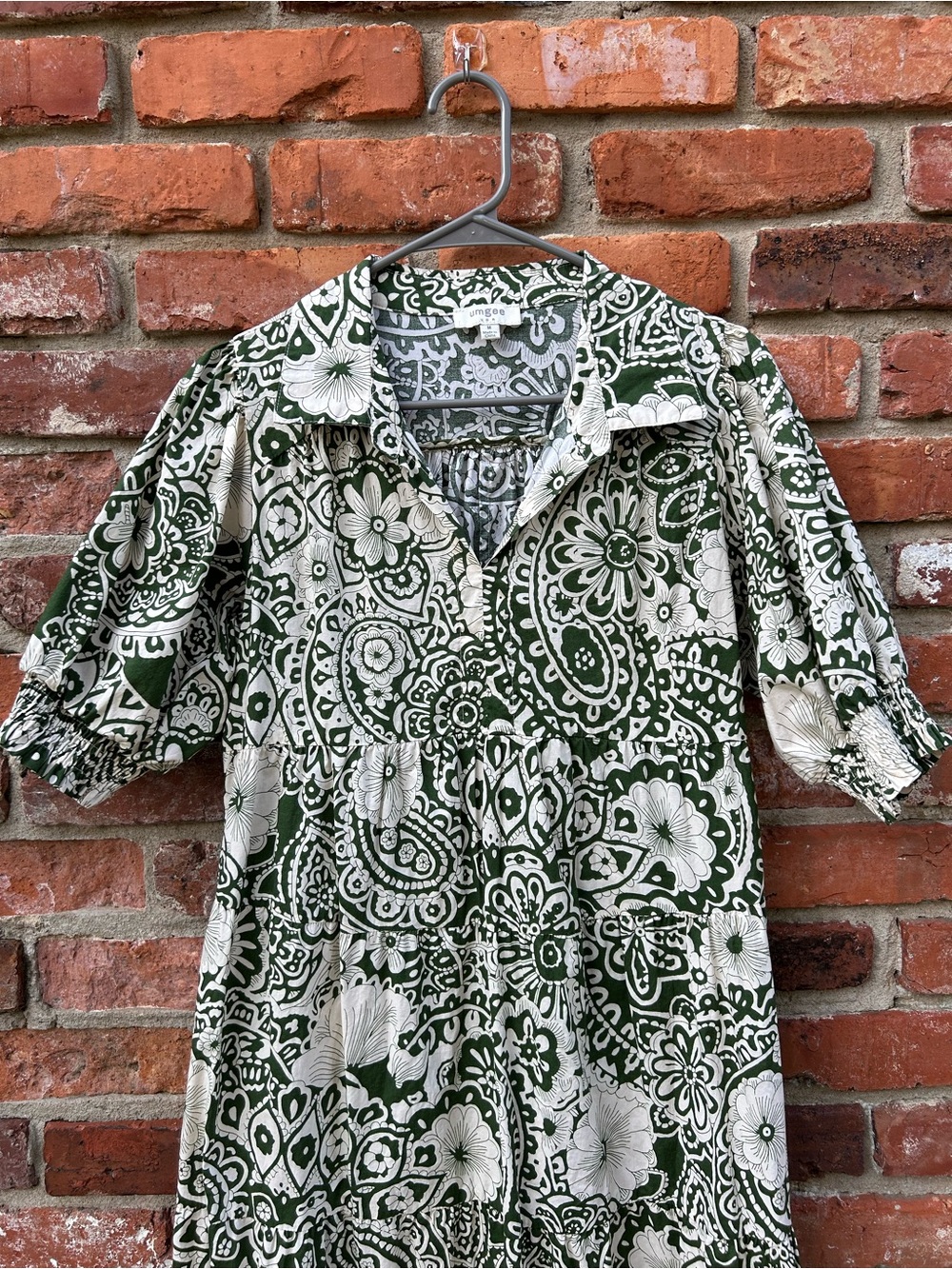 Umgee Green White Floral Midi Dress M 100% Cotton Collared - Picture 2 of 7
